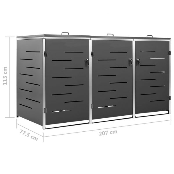 Троен навес за кофа за смет 207x77,5x112,5 см инокс