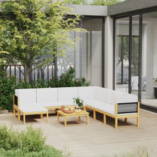 Градински комплект с възглавници, 9 части, кремаво дърво, акация и въже