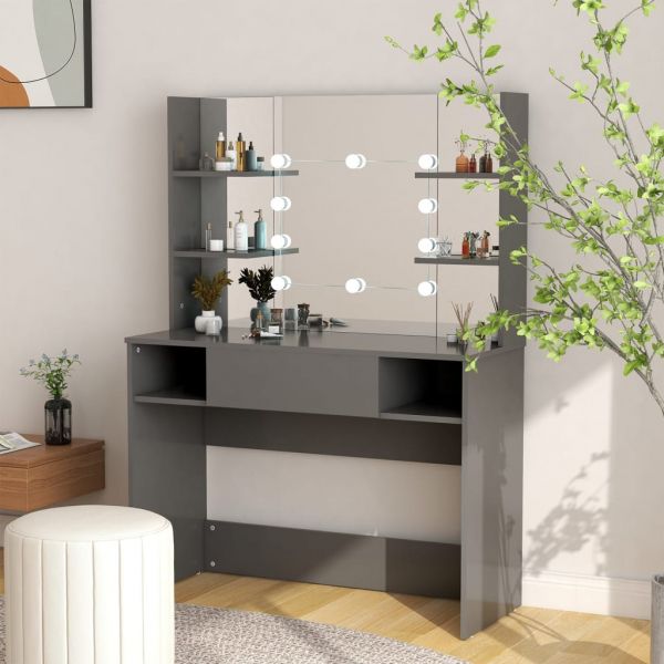 Тоалетка с LED лампи, 100x40x135 см, МДФ, сива