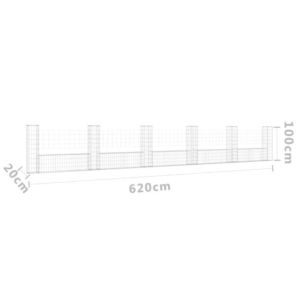 U-образна габионна кошница с 6 стълба, желязо, 620x20x100 см