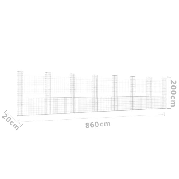 U-образна габионна кошница с 8 стълба, желязо, 860x20x200 см