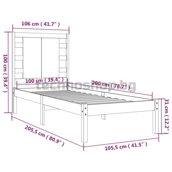 Рамка за легло, черна, бор масив, 100х200 см