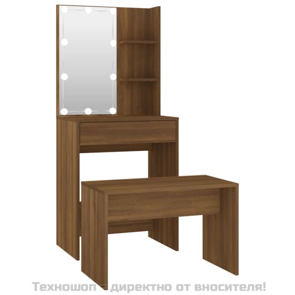 Комплект тоалетка с LED, кафяв дъб, инженерно дърво