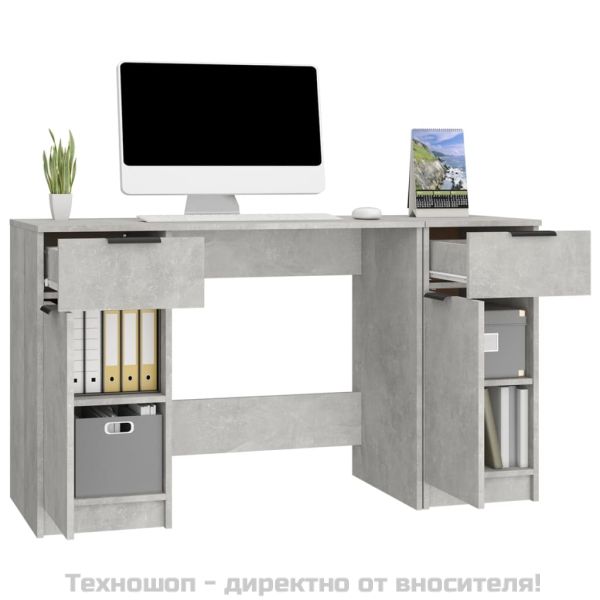 Бюро със страничен шкаф, бетонно сиво, инженерна дървесина