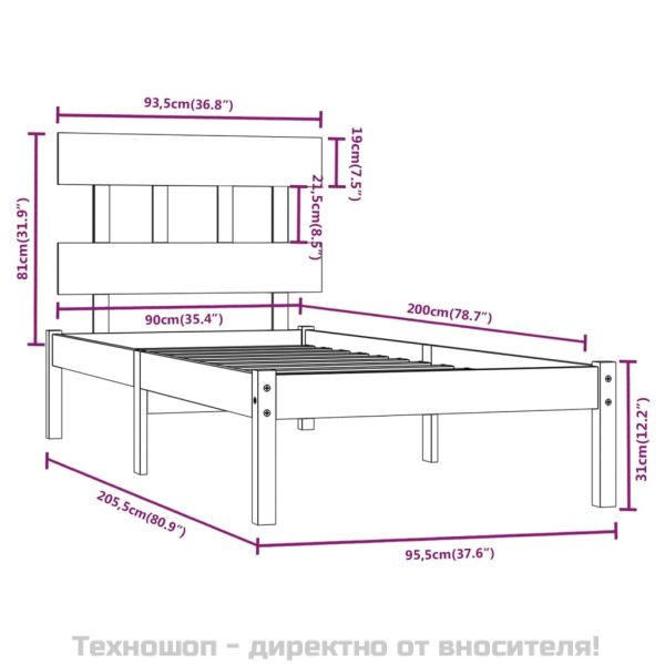 Рамка за легло, дърво масив, 90х200 см