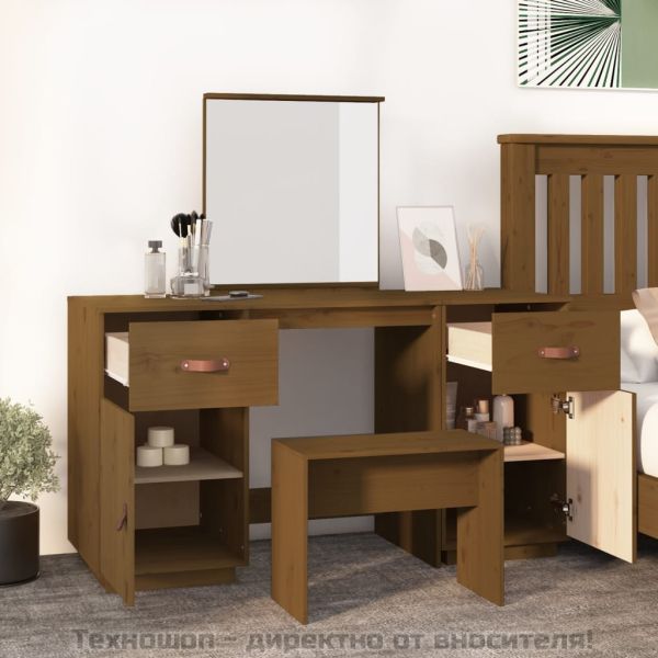 Комплект тоалетка с огледало, меденокафяво, борово дърво масив