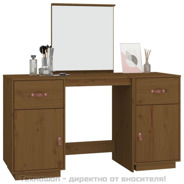 Комплект тоалетка с огледало, меденокафяво, борово дърво масив