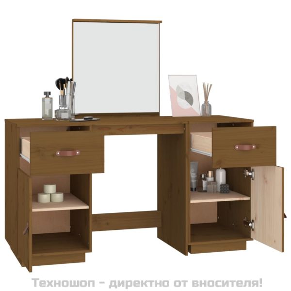 Комплект тоалетка с огледало, меденокафяво, борово дърво масив