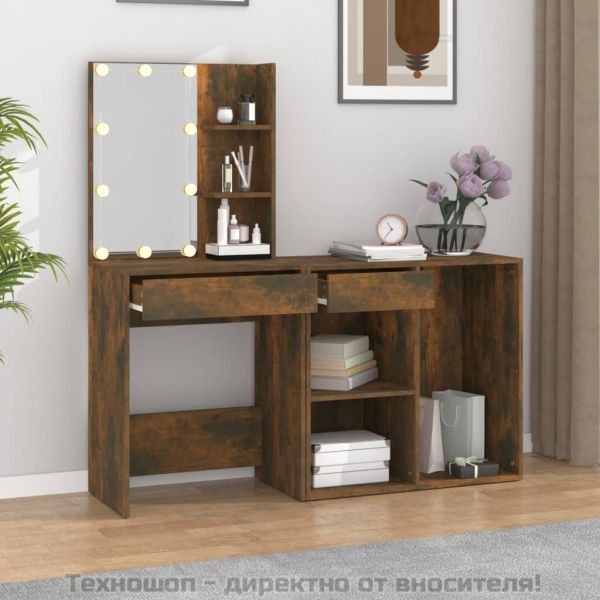 LED тоалетка с шкаф, опушен дъб, инженерно дърво