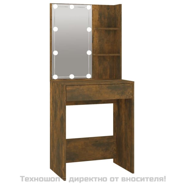 LED тоалетка с шкаф, опушен дъб, инженерно дърво