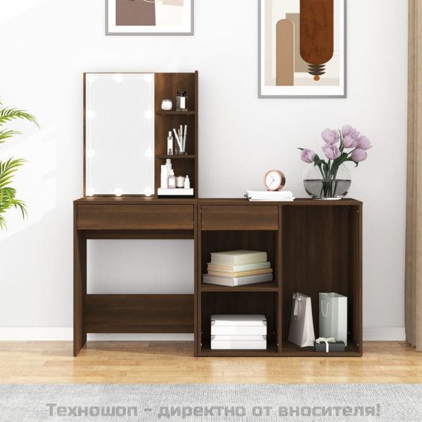 LED тоалетка с шкаф, кафяв дъб, инженерно дърво