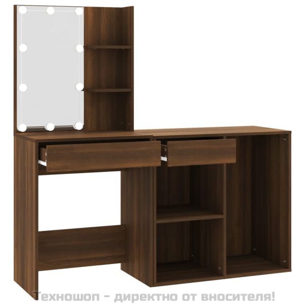 LED тоалетка с шкаф, кафяв дъб, инженерно дърво