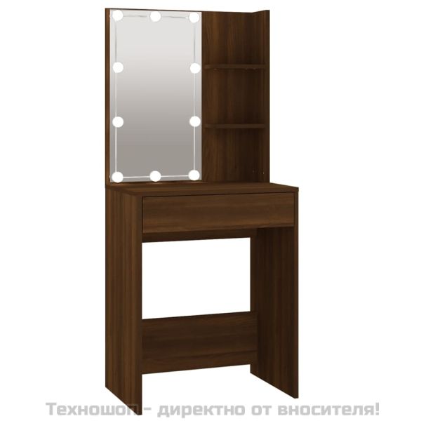 LED тоалетка с шкаф, кафяв дъб, инженерно дърво