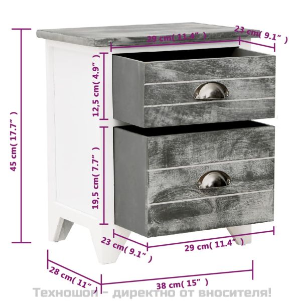 Нощно шкафче с 2 чекмеджета, 2 бр, сиво и бяло