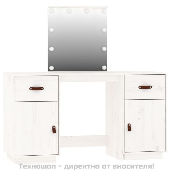 Комплект тоалетка с LED, бяла, борово дърво масив