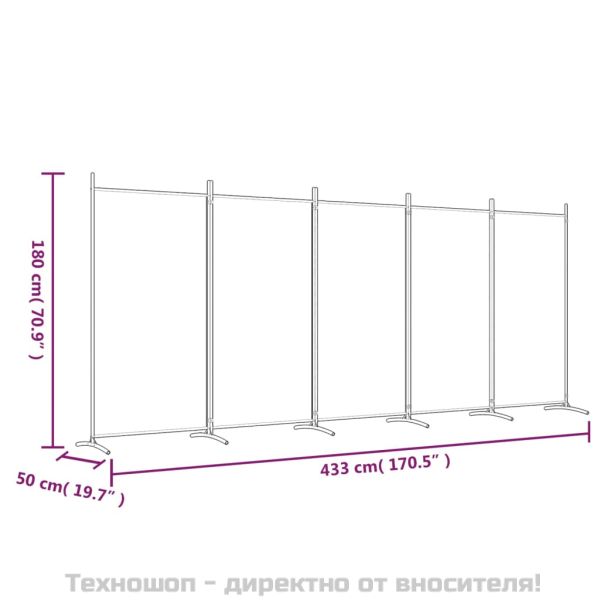 Параван за стая, бял, 5 панела, 433x180 см, плат