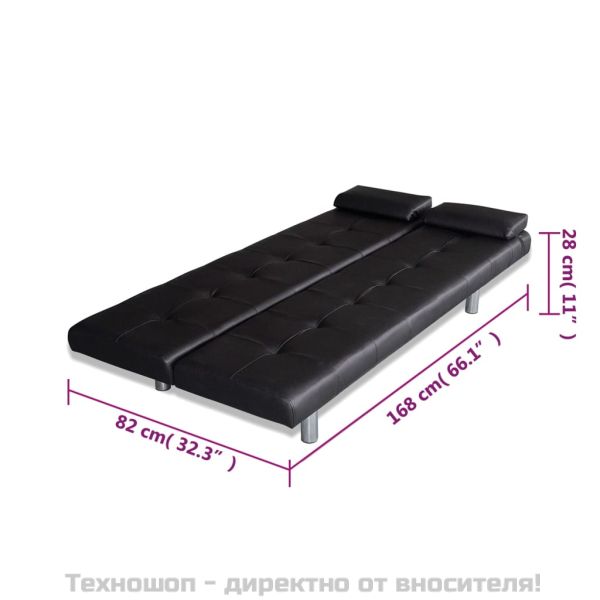 Разтегателен диван с две възглавници, изкуствена кожа, черен