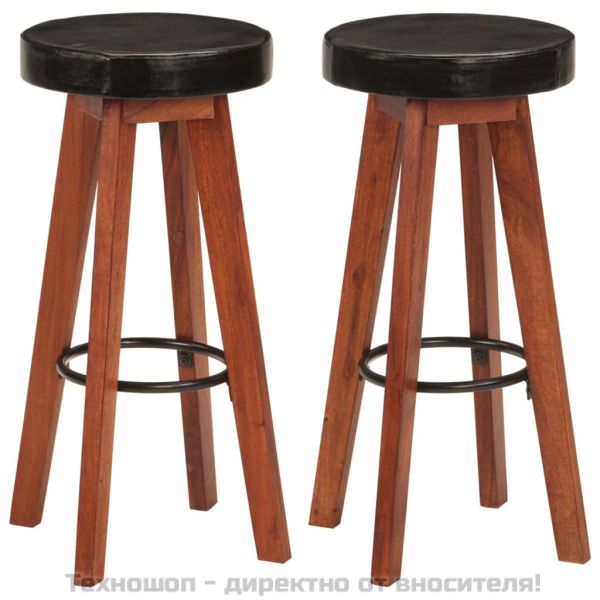 Бар табуретки 2 бр естествена кожа и акациево дърво масив