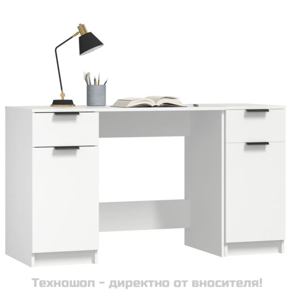 Бюро със страничен шкаф, бял, инженерно дърво