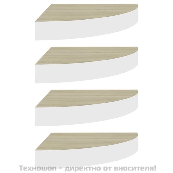 Стенни ъглови рафтове, 4 бр, дъб и бяло, 25x25x3,8 см, МДФ