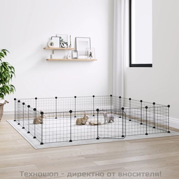 Клетка за животни с врата, 20 панела, черна, 35x35 см, стомана