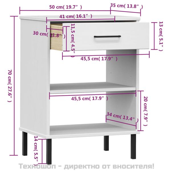 Конзолно шкафче с метални крака бяло бор масив OSLO