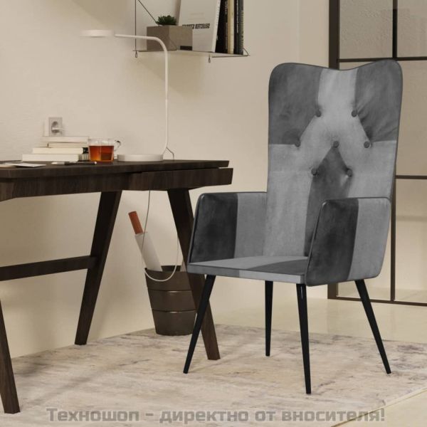 Wingback стол, сив, естествена кожа