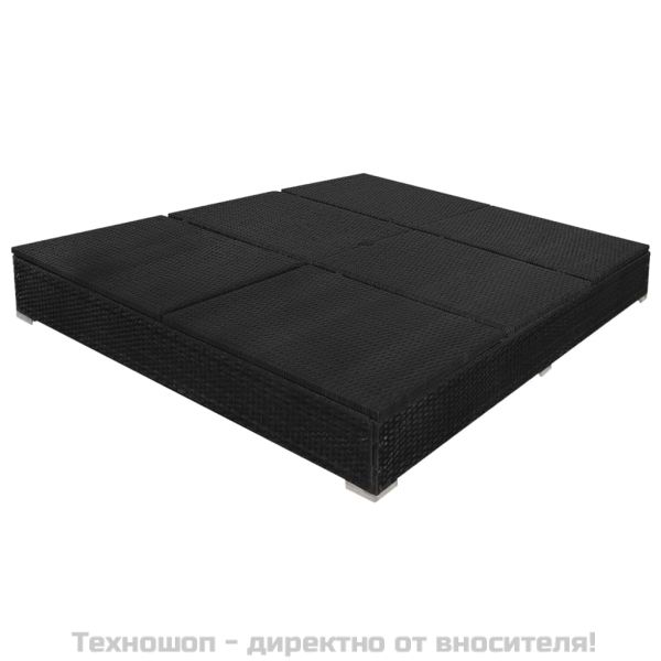 Градинско лаундж легло с чадър, полиратан, черно