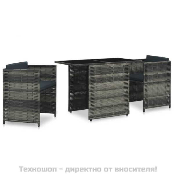 Бистро комплект, 3 части, с възглавници, полиратан, сив
