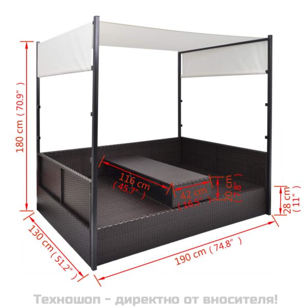 Градинско легло с балдахин, кафяво, 190x130 см, полиратан