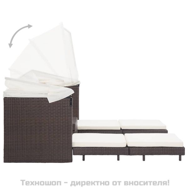 Разтегателен 3-местен диван с навес, полиратан, кафяв