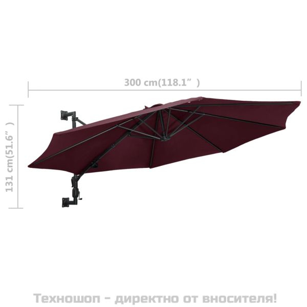 Чадър за монтаж на стена с метален прът, 300 см, бордо