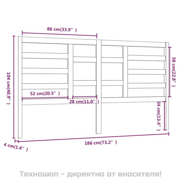 Горна табла за легло, сива, 186x4x104 см, бор масив