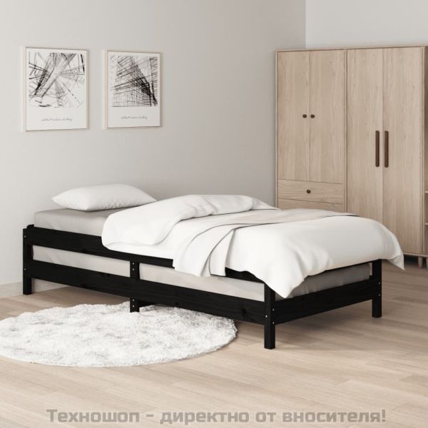 Стифиращо легло, черно, борово дърво масив, 75x190 см
