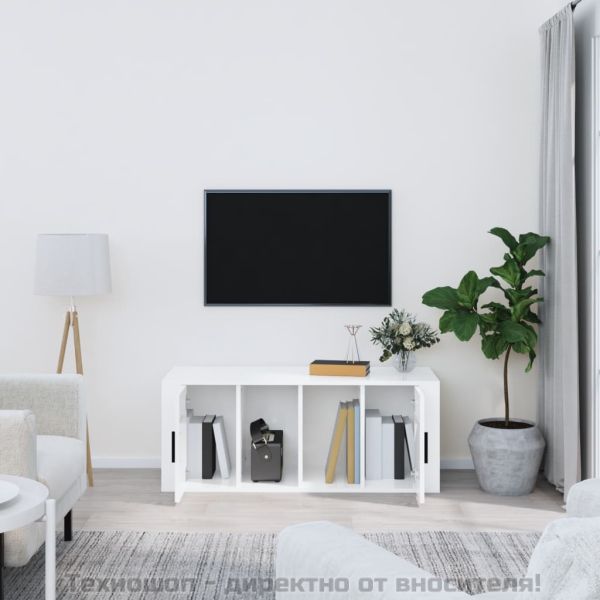 ТВ шкаф бял гланц 100x35x40 см инженерно дърво