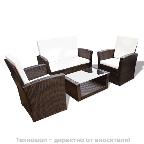 Градински комплект с възглавници, 4 части, кафяв полиратан