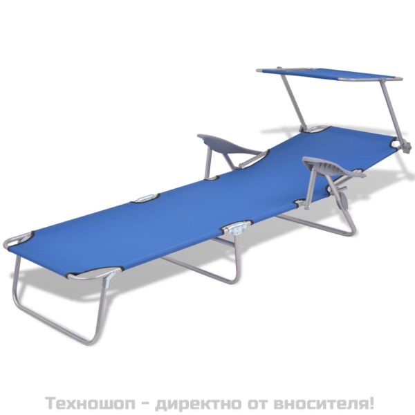 Шезлонг с козирка, стомана, син