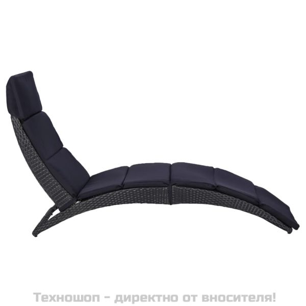 Шезлонг с шалте, полиратан, черен