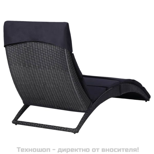 Шезлонг с шалте, полиратан, черен