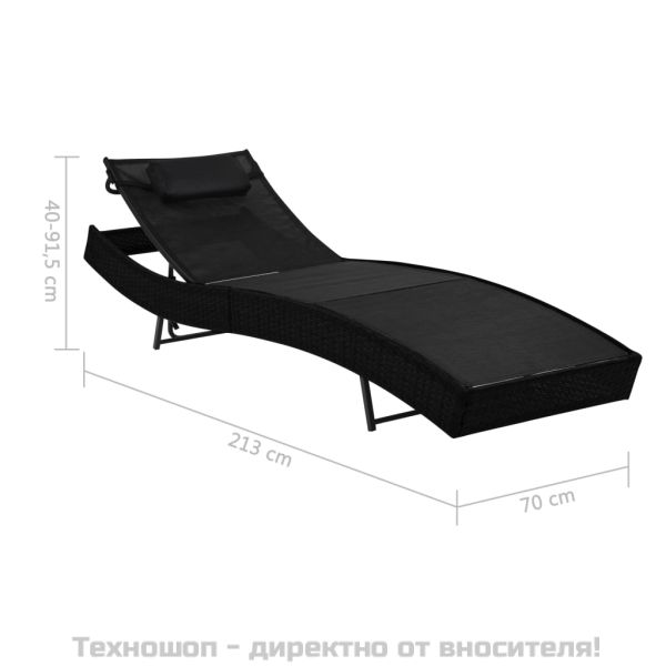 Шезлонг с възглавница, полиратан, черен