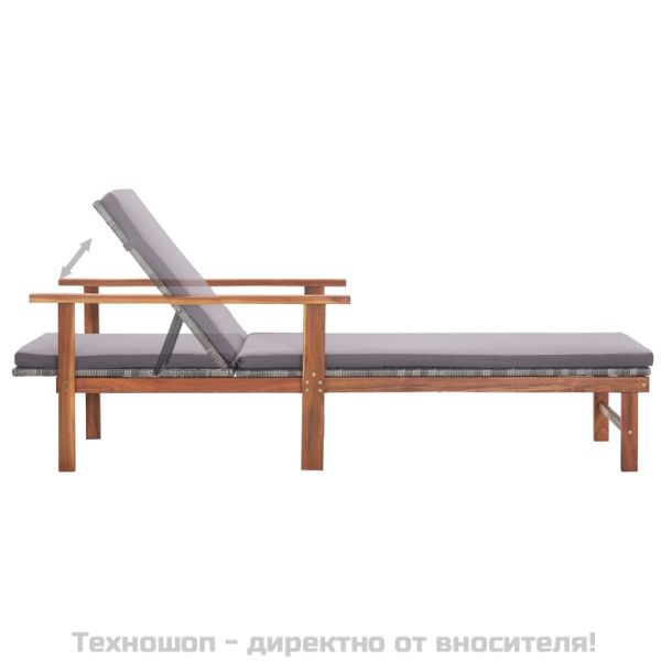 Шезлонг с възглавница, полиратан и акация масив, сив