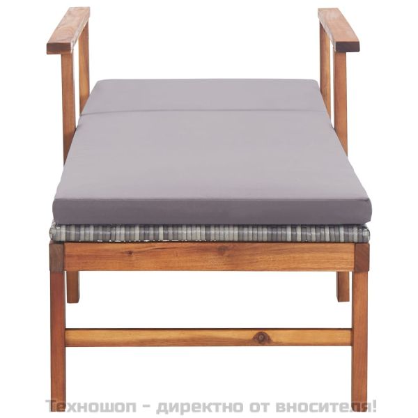 Шезлонг с възглавница, полиратан и акация масив, сив