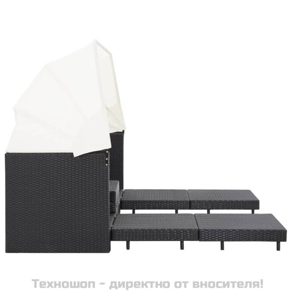 Разтегателен 3-местен диван с навес, полиратан, черен