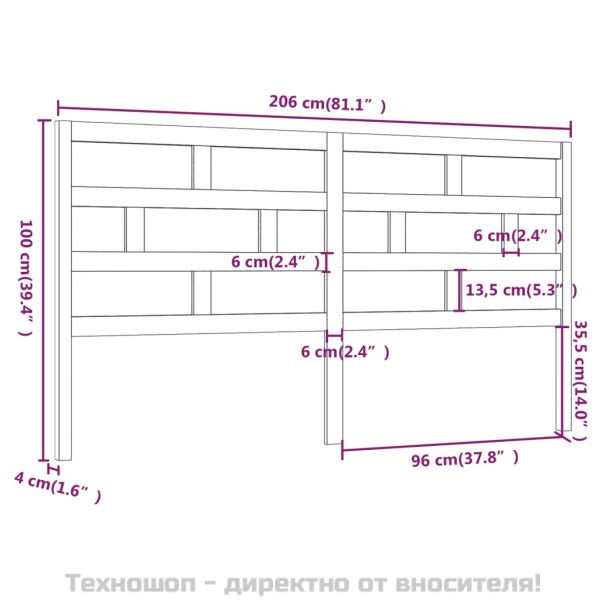 Горна табла за легло, 206x4x100 см, бор масив