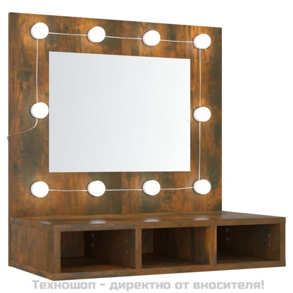 Огледален шкаф с LED, опушен дъб, 60x31,5x62 см
