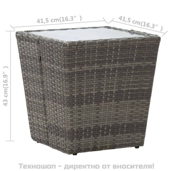 Маса за чай сива 41,5x41,5x43 см полиратан и закалено стъкло