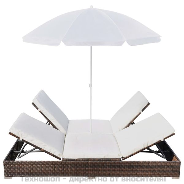 Градинско лаундж легло с чадър, полиратан, кафяво