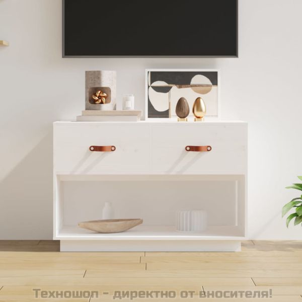 ТВ шкаф, бял, 90x40x60 см, бор масив