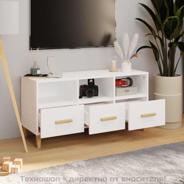 ТВ шкаф, бял гланц, 102x36x50 см, инженерно дърво