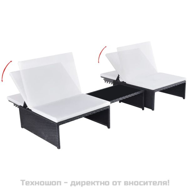 Накланящи се градински столове, 2 бр, с маса, черен, полиратан